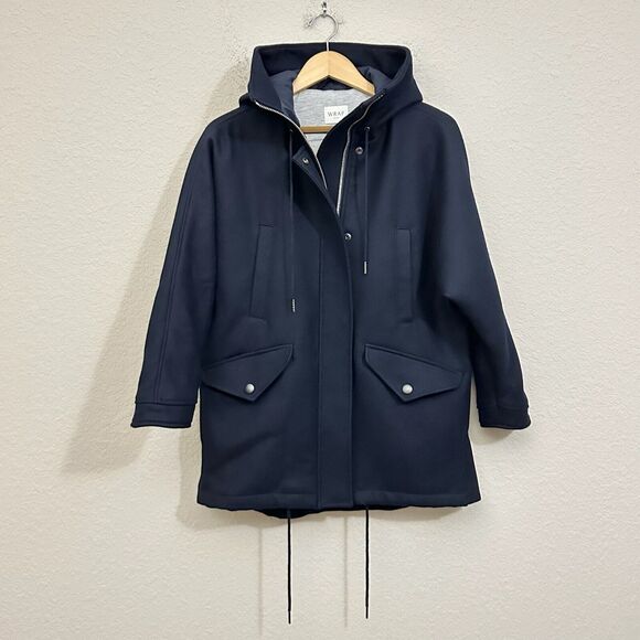 WRAP LONDON Utility Jacket Navy Full Zip Hooded Wool Outdoor NWT